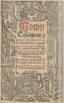 Nowy Testament znowu przełożony a na wielu mieyscach za pewnemi dowodami od przysad przez Simona Budnego ocży&ccedil;ciony y krotkiemi przypiskami po kraioch obiaśniony. Przydane też są na końcu [...] przypiski [...]