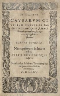 De statibvs cavsarvm civilivm vniversa doctrina Hermogenis, graeci rhetoris, quam ille peri Daireseos [grec.] inscripsit: explicata a Ioanne Stvrmio. Nunc primum in lucem edita