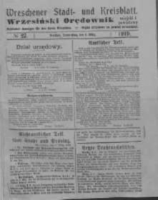 Wreschener Stadt und Kreisblatt; Wrzesiński Orędownik miejski i powiatowy: amtlicher Anzeiger f&uuml;r den Kreis Wreschen; organ urzędowy na powiat wrzesiński 1919.03.06 Nr27