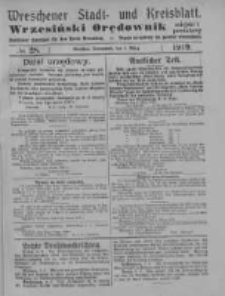Wreschener Stadt und Kreisblatt; Wrzesiński Orędownik miejski i powiatowy: amtlicher Anzeiger f&uuml;r den Kreis Wreschen; organ urzędowy na powiat wrzesiński 1919.03.08 Nr28