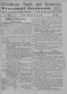 Wreschener Stadt und Kreisblatt; Wrzesiński Orędownik miejski i powiatowy: amtlicher Anzeiger f&uuml;r den Kreis Wreschen; organ urzędowy na powiat wrzesiński 1919.03.22 Nr34