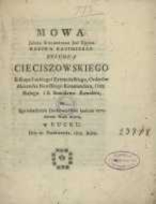 Mowa Jaśnie Wielmożnego Jmć Xiędza Kaspra Kazimierza Kolumna Cieciszowskiego Biskupa Łuckiego i Zytomierskiego, Orderow Alexandra Newskiego Kommendora, Orła Białego i S. Stanisława Kawalera, na Zgromadzeniu Duchowieństwa końcem urządzenia Nauk miana w Łucku, dnia 20. Października, 1803 Roku.