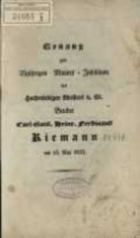 Gesang zum 25-jähringen Maurer-Jubiläum des hochwürdigen Meisters v. St. Bruder Carl Gottl. Heinr. Ferdinand Riemann am 15. Mai 1833.