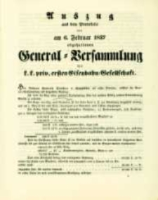 Auszug aus dem Protokolle der am 6. Februar 1837 abgehaltenen General-Versammlung der k.k. privil. ersten Eisenbahn-Gesellschaft