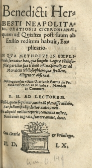 Benedicti Herbesti [...] Orationis Ciceronianae quam ad Quirites post suum ab exilio reditum habuit, Explicatio