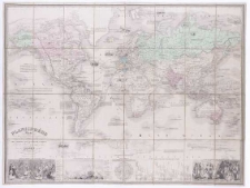 Planisph&egrave;re illustr&eacute; pr&eacute;sentant la description g&eacute;ogrphique des parties connues de la terre indiquant l'&eacute;poque des grandes d&eacute;couvertes et le nom des navigateurs [...] dress&eacute; par Vuillemin. Grave par Langevin.