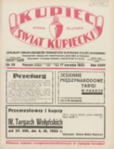 Kupiec-Świat Kupiecki; pisma złączone; oficjalny organ Związk&oacute;w Towarzystw Kupieckich Polski Zachodniej; publikacyjny organ Izby Przemysłowo-Handlowej w Poznaniu; najstarszy tygodnik kupecko-przemysłowo w Polsce 1933.08.17 R.27 Nr33