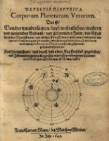 Detectio dioptrica, corporum planetarum verorum : das ist, von der Wundersamen, doch wesentlichen, wahren und natürlichen Bildnuβ, und cörperlichen Form, und Gstalt der sieben Planetsternen, und etlicher Fixen-Sternen, seltzamen, und zuvor unerhörten Erscheinung im Firmament, weliche man zu diesen letzten Zeiten, durch die künstliche Instrumenta dioptrica, erst recht gesehen, und gründlich erfahren hat. Kurtz verzeichnet, und durch besondere Kupfferstück angebildet, und Jedermänniglichen, die grossen, und biβher verborgenen Wunderwerck Gottes, ouch zubeschawen, für die Augen gstelt.