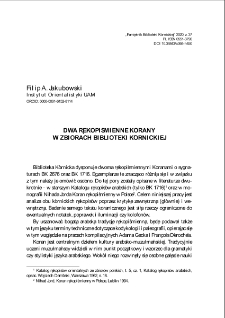 Dwa rękopiśmienne Korany w zbiorach Biblioteki K&oacute;rnickiej. Pamiętnik Biblioteki K&oacute;rnickiej. Z.37
