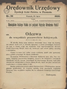 Orędownik Urzędowy Dyrekcji Kolei w Poznaniu 1920.07.27 Nr36