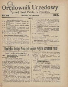 Orędownik Urzędowy Dyrekcji Kolei w Poznaniu 1920.08.21 Nr40