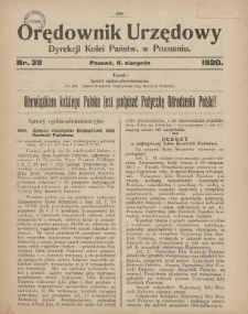 Orędownik Urzędowy Dyrekcji Kolei w Poznaniu 1920.08.11 Nr39