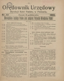 Orędownik Urzędowy Dyrekcji Kolei w Poznaniu 1920.10.15 Nr52