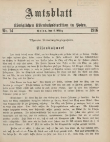 Amtsblatt der Königlichen Eisenbahndirektion in Posen 1916.03.08 Nr14