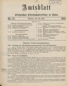 Amtsblatt der K&ouml;niglichen Eisenbahndirektion in Posen 1916.07.22 Nr38