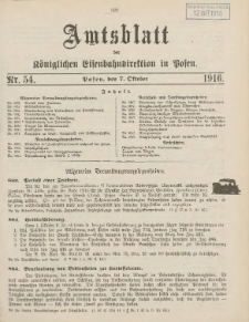 Amtsblatt der Königlichen Eisenbahndirektion in Posen 1916.10.07 Nr54