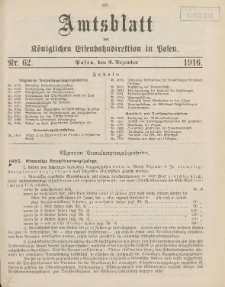 Amtsblatt der Königlichen Eisenbahndirektion in Posen 1916.12.02 Nr62