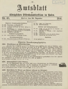 Amtsblatt der K&ouml;niglichen Eisenbahndirektion in Posen 1916.12.30 Nr68