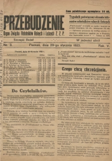 Przebudzenie: tygodnik poświęcony obronie interes&oacute;w robotnik&oacute;w rolnych i leśnych. Organ Związku Robotnik&oacute;w Rolnych i Leśnych ZZP. 1923.01.20 R.5 Nr3