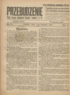Przebudzenie: tygodnik poświęcony obronie interesów robotników rolnych i leśnych. Organ Związku Robotników Rolnych i Leśnych ZZP. 1923.04.07 R.5 Nr14