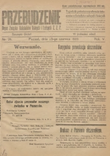Przebudzenie: tygodnik poświęcony obronie interesów robotników rolnych i leśnych. Organ Związku Robotników Rolnych i Leśnych ZZP. 1923.06.23 R.5 Nr25