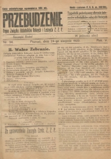 Przebudzenie: tygodnik poświęcony obronie interesów robotników rolnych i leśnych. Organ Związku Robotników Rolnych i Leśnych ZZP. 1923.08.24 R.5 Nr34