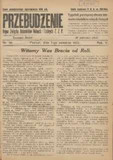 Przebudzenie: tygodnik poświęcony obronie interes&oacute;w robotnik&oacute;w rolnych i leśnych. Organ Związku Robotnik&oacute;w Rolnych i Leśnych ZZP. 1923.09.07 R.5 Nr36