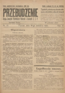 Przebudzenie: tygodnik poświęcony obronie interes&oacute;w robotnik&oacute;w rolnych i leśnych. Organ Związku Robotnik&oacute;w Rolnych i Leśnych ZZP. 1923.09.14 R.5 Nr37