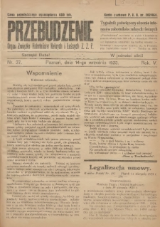 Przebudzenie: tygodnik poświęcony obronie interesów robotników rolnych i leśnych. Organ Związku Robotników Rolnych i Leśnych ZZP. 1923.09.14 R.5 Nr37
