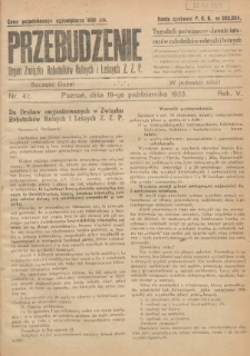 Przebudzenie: tygodnik poświęcony obronie interesów robotników rolnych i leśnych. Organ Związku Robotników Rolnych i Leśnych ZZP. 1923.10.19 R.5 Nr42