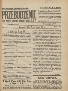 Przebudzenie: tygodnik poświęcony obronie interes&oacute;w robotnik&oacute;w rolnych i leśnych. Organ Związku Robotnik&oacute;w Rolnych i Leśnych ZZP. 1924.07.17 R.6 Nr28