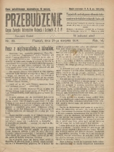 Przebudzenie: tygodnik poświęcony obronie interes&oacute;w robotnik&oacute;w rolnych i leśnych. Organ Związku Robotnik&oacute;w Rolnych i Leśnych ZZP. 1924.08.21 R.6 Nr33
