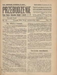Przebudzenie: tygodnik poświęcony obronie interesów robotników rolnych i leśnych. Organ Związku Robotników Rolnych i Leśnych ZZP. 1924.10.29 R.6 Nr43