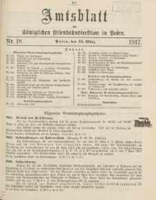 Amtsblatt der K&ouml;niglichen Eisenbahndirektion in Posen 1917.03.24 Nr18