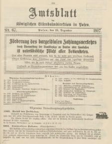 Amtsblatt der Königlichen Eisenbahndirektion in Posen 1917.12.15 Nr67
