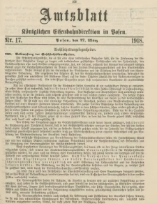 Amtsblatt der Königlichen Eisenbahndirektion in Posen 1918.03.27 Nr17