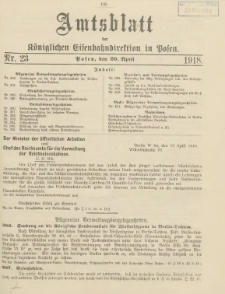 Amtsblatt der Königlichen Eisenbahndirektion in Posen 1918.04.20 Nr23