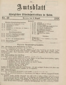 Amtsblatt der Königlichen Eisenbahndirektion in Posen 1918.08.03 Nr40