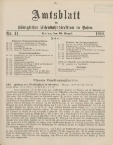 Amtsblatt der K&ouml;niglichen Eisenbahndirektion in Posen 1918.08.10 Nr41