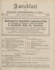 Amtsblatt der K&ouml;niglichen Eisenbahndirektion in Posen 1918.09.14 Nr47