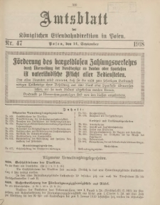 Amtsblatt der Königlichen Eisenbahndirektion in Posen 1918.09.14 Nr47