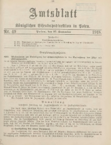 Amtsblatt der Königlichen Eisenbahndirektion in Posen 1918.09.27 Nr49