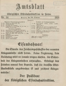 Amtsblatt der Königlichen Eisenbahndirektion in Posen 1918.10.19 Nr54