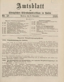 Amtsblatt der Königlichen Eisenbahndirektion in Posen 1918.11.09 Nr58