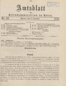 Amtsblatt der Königlichen Eisenbahndirektion in Posen 1918.12.04 Nr64