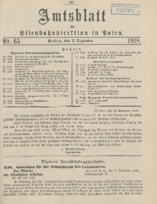 Amtsblatt der Königlichen Eisenbahndirektion in Posen 1918.12.07 Nr65