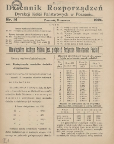 Dziennik Rozporządzeń Dyrekcji Kolei Państwowych w Poznaniu 1921.03.09 Nr14