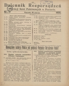Dziennik Rozporządzeń Dyrekcji Kolei Państwowych w Poznaniu 1921.03.16 Nr17