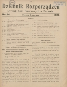 Dziennik Rozporządzeń Dyrekcji Kolei Państwowych w Poznaniu 1921.06.03 Nr34