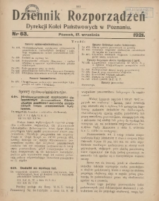 Dziennik Rozporządzeń Dyrekcji Kolei Państwowych w Poznaniu 1921.09.17 Nr63